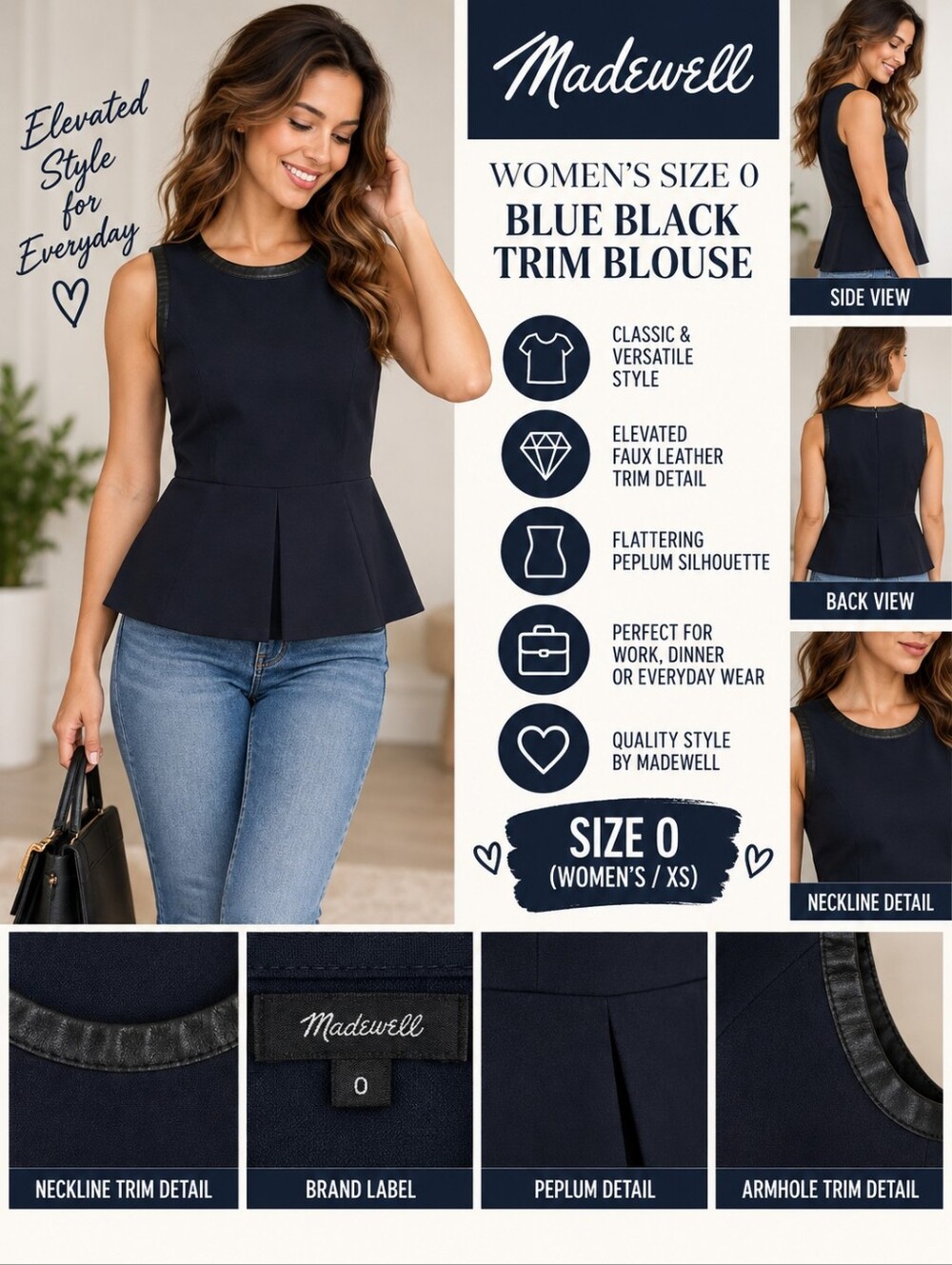 Madewell women's size 0 blue black trim blouse #34